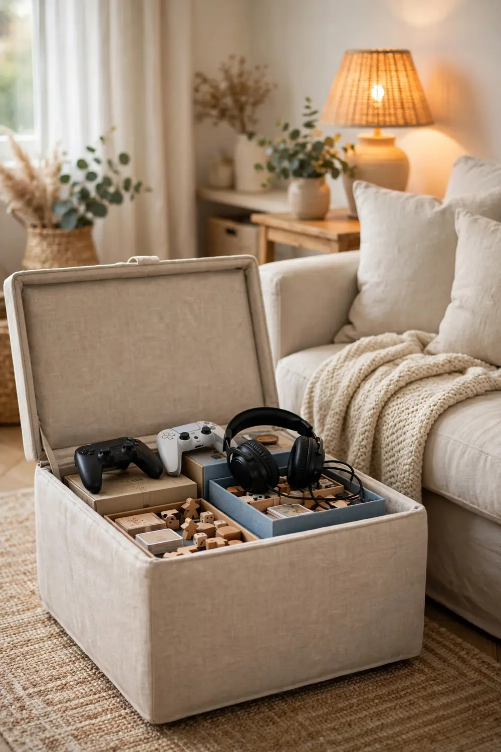 Open storage ottoman filled with controllers and board games beside a couch
