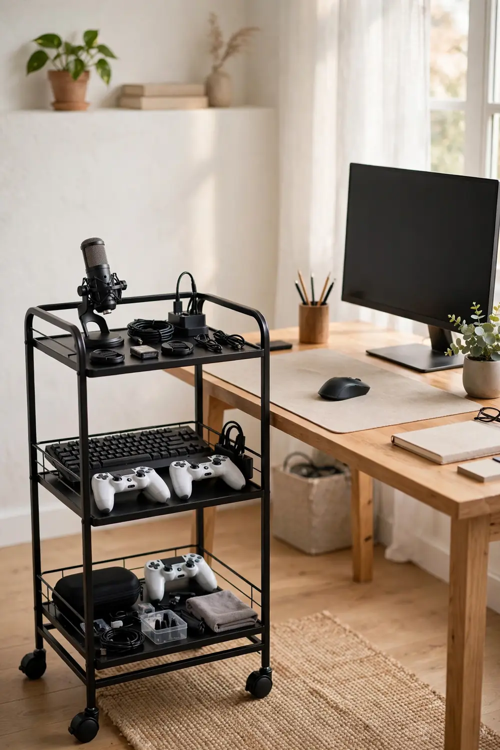 Rolling cart with gaming accessories parked beside a tidy gaming desk