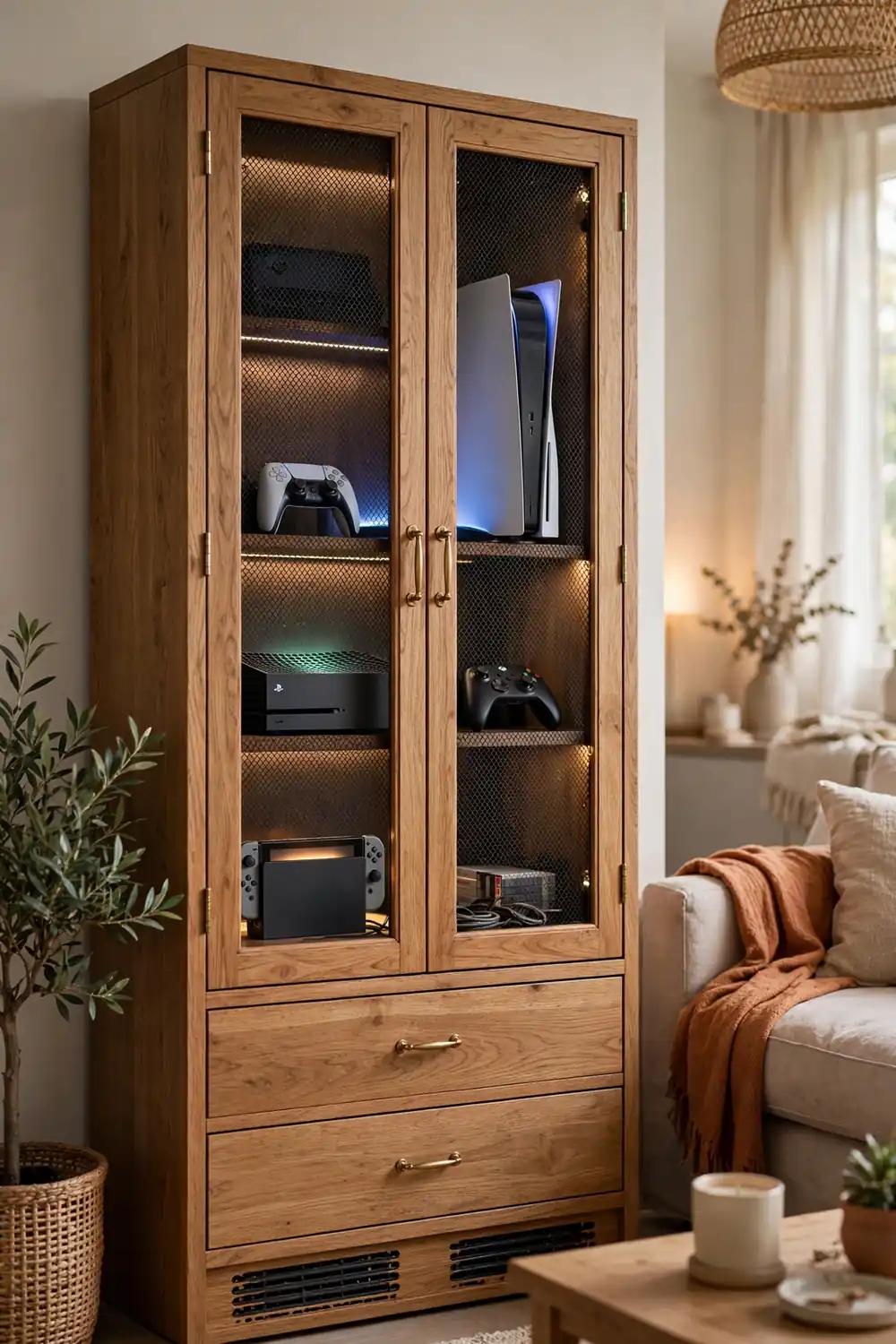 Ventilated media cabinet with mesh doors holding gaming consoles, warm interior light