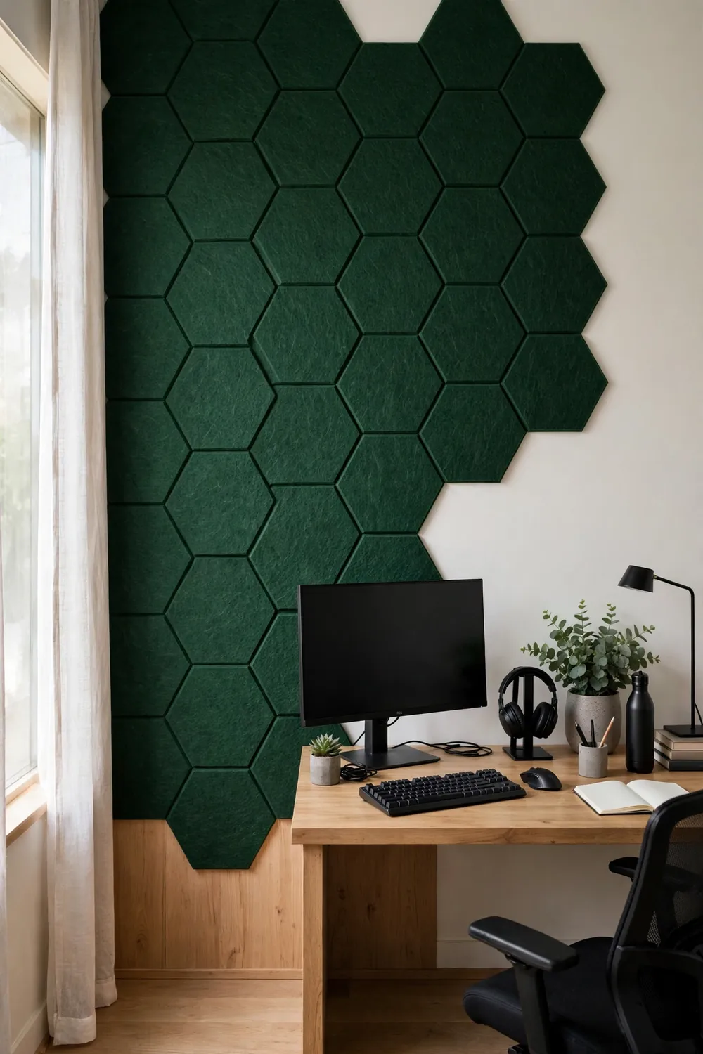 Hexagon felt acoustic tiles in deep green arranged as wall art in a gaming room
