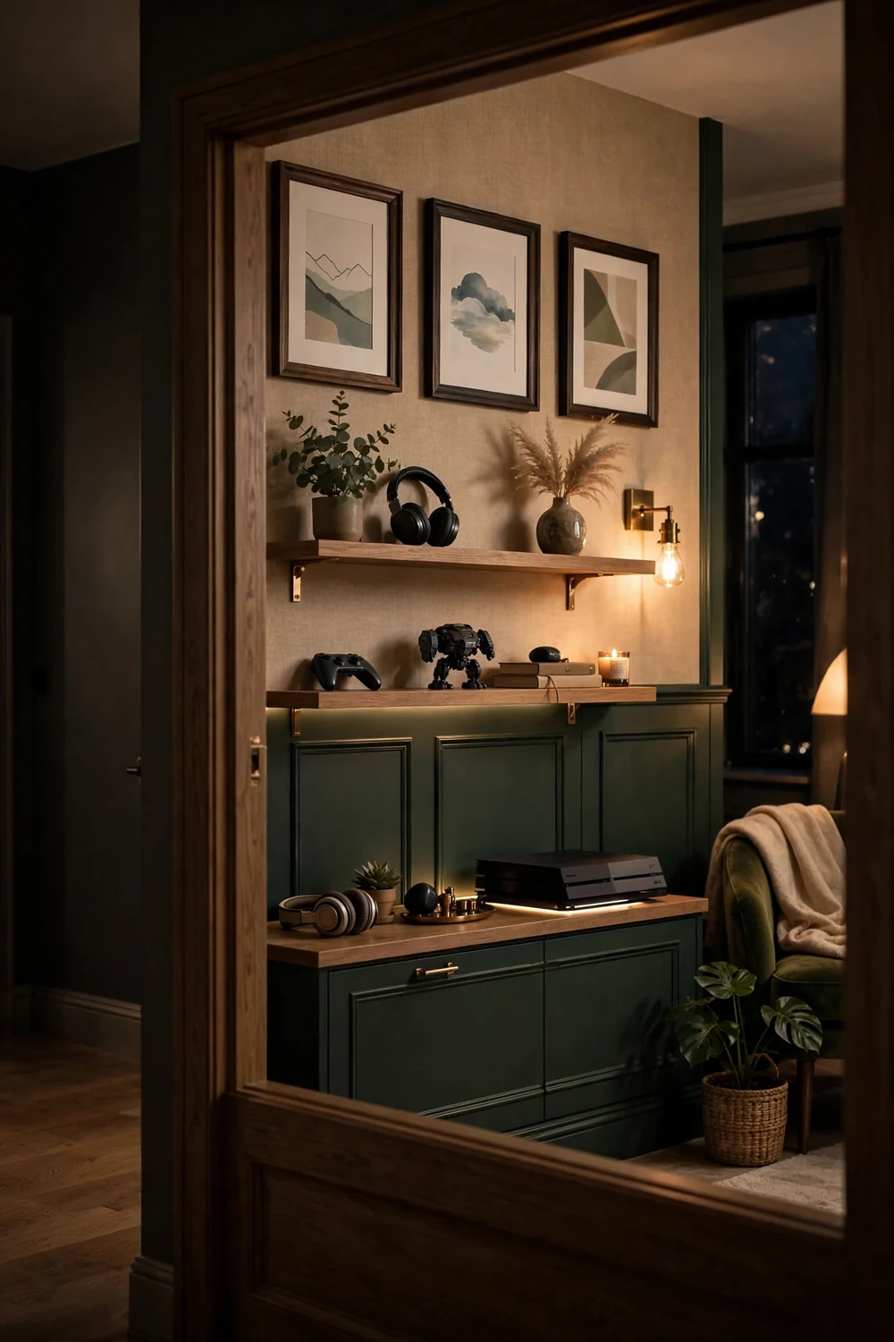 Finished grown-up gaming room wall with framed art and shelves, viewed from the doorway