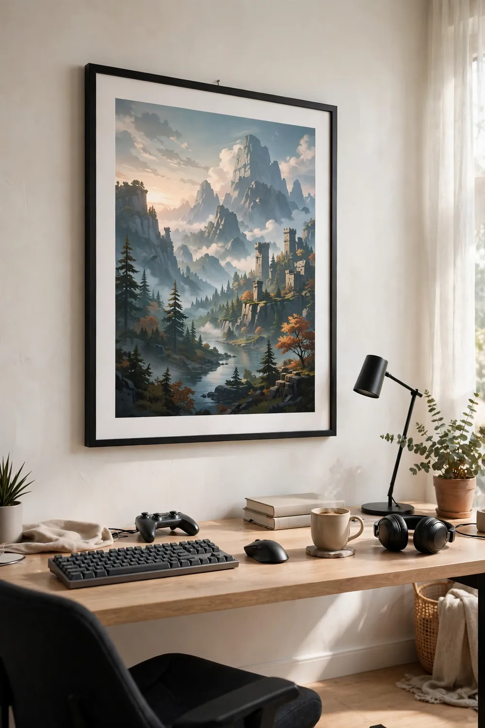 Large framed game art print with a white mat in a slim black frame above a gaming desk