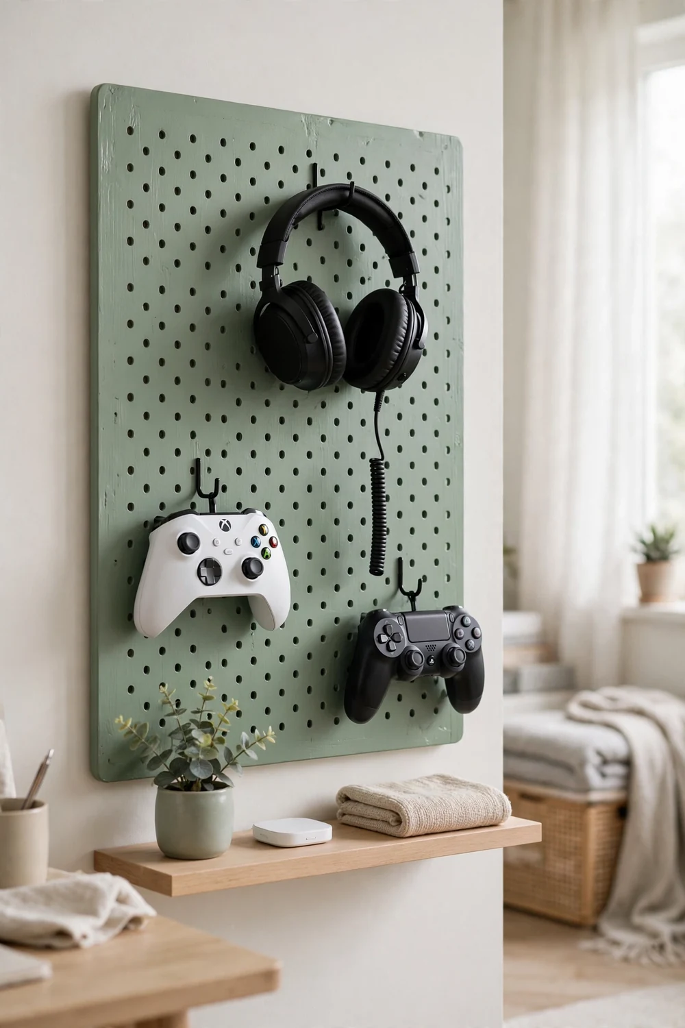 Tidy painted pegboard with headset and controllers hanging on a gaming room wall