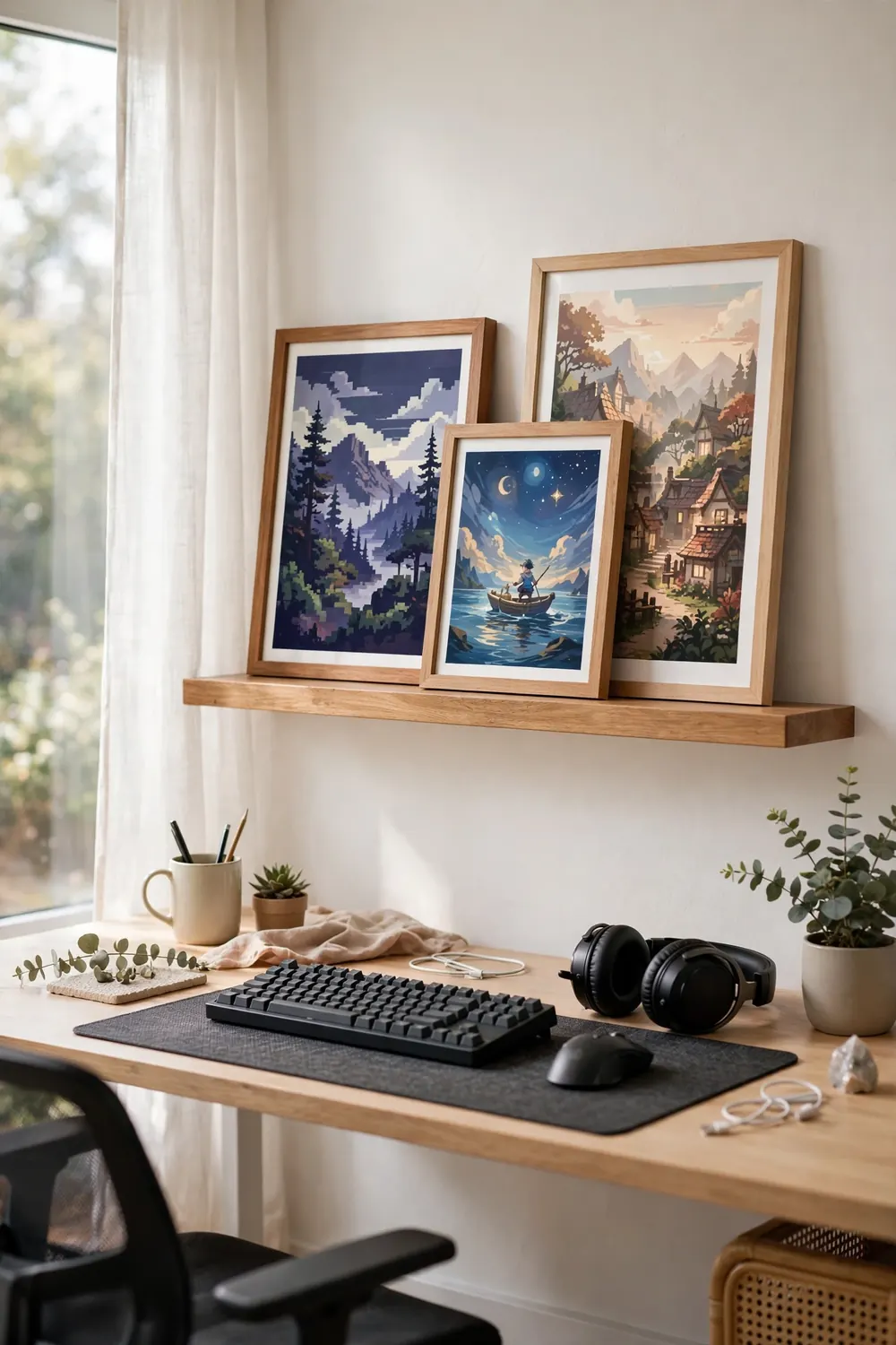 Picture ledge with layered game art prints above a gaming desk