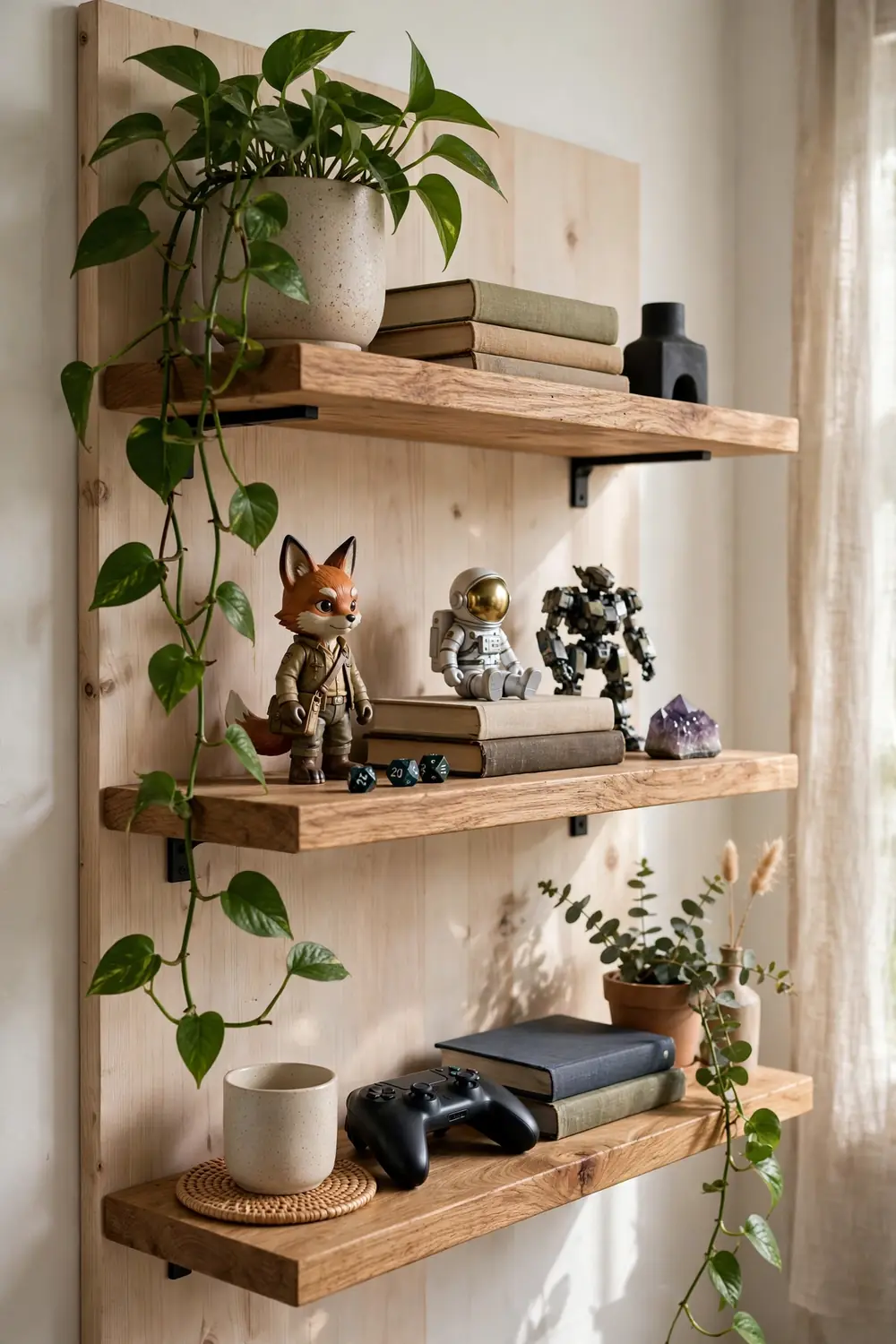 Gaming room shelves with trailing pothos plants and collectibles