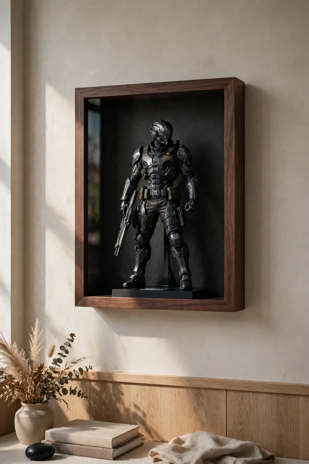 Shadow box frame with a collectible gaming figure mounted on a wall