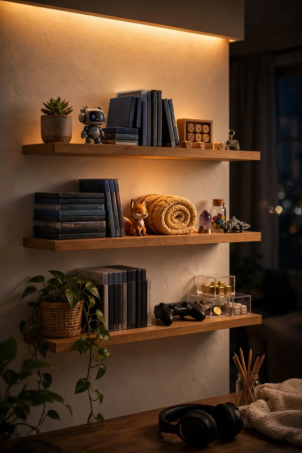 Floating shelves with a hidden LED wash glowing on the wall above them at night