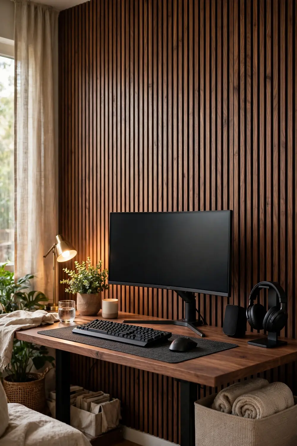Gaming desk against a wood slat accent wall in walnut tone