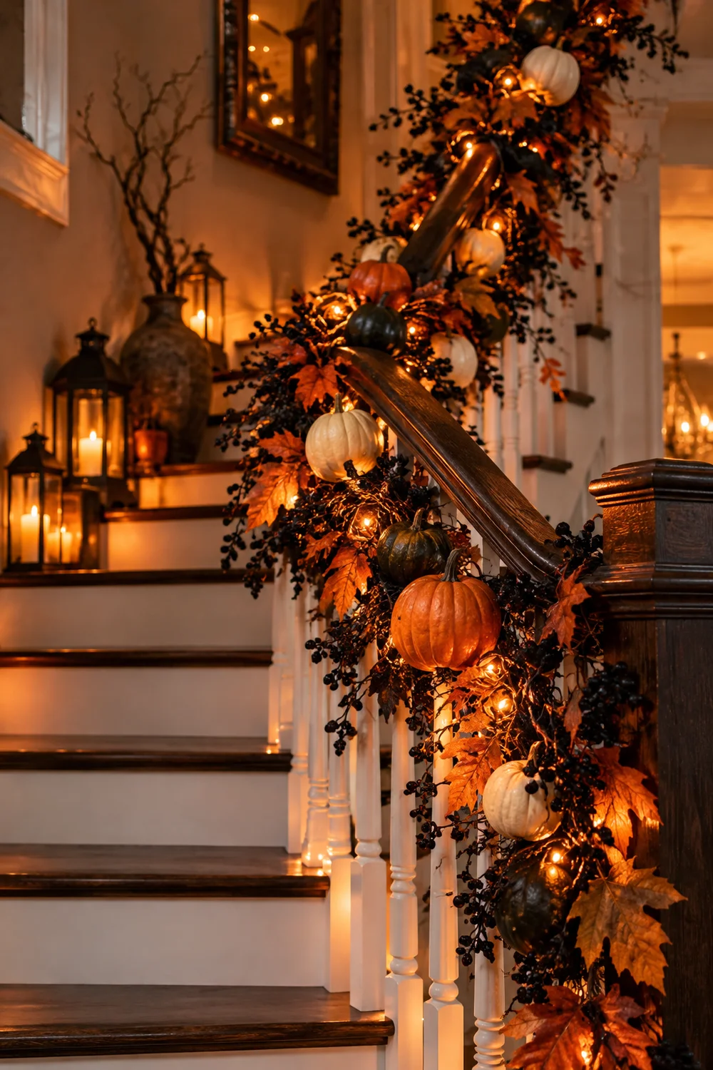 Autumn garland draped along a staircase banister for Halloween