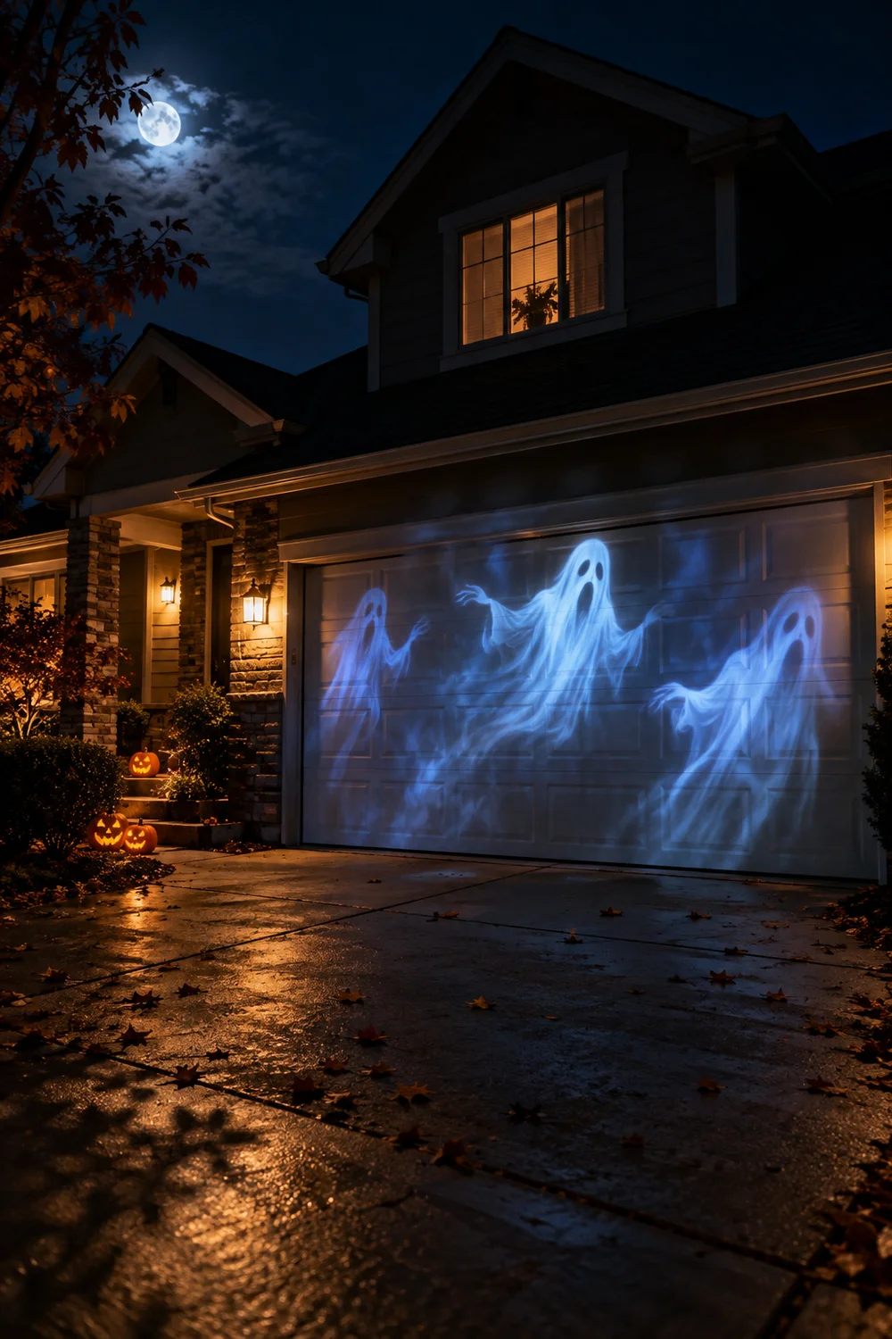 Ghost projection lighting on a house facade at Halloween
