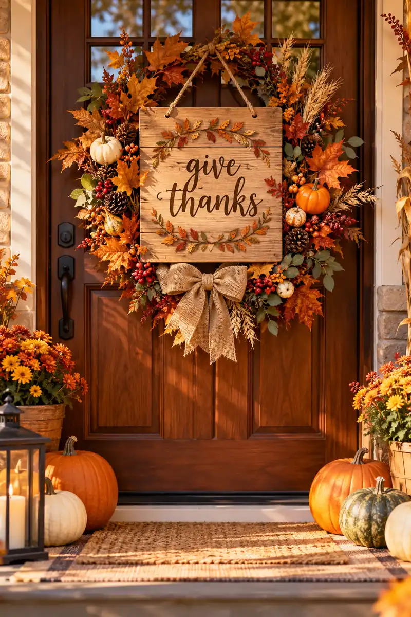 Wooden give thanks sign hanging on a front door for Thanksgiving