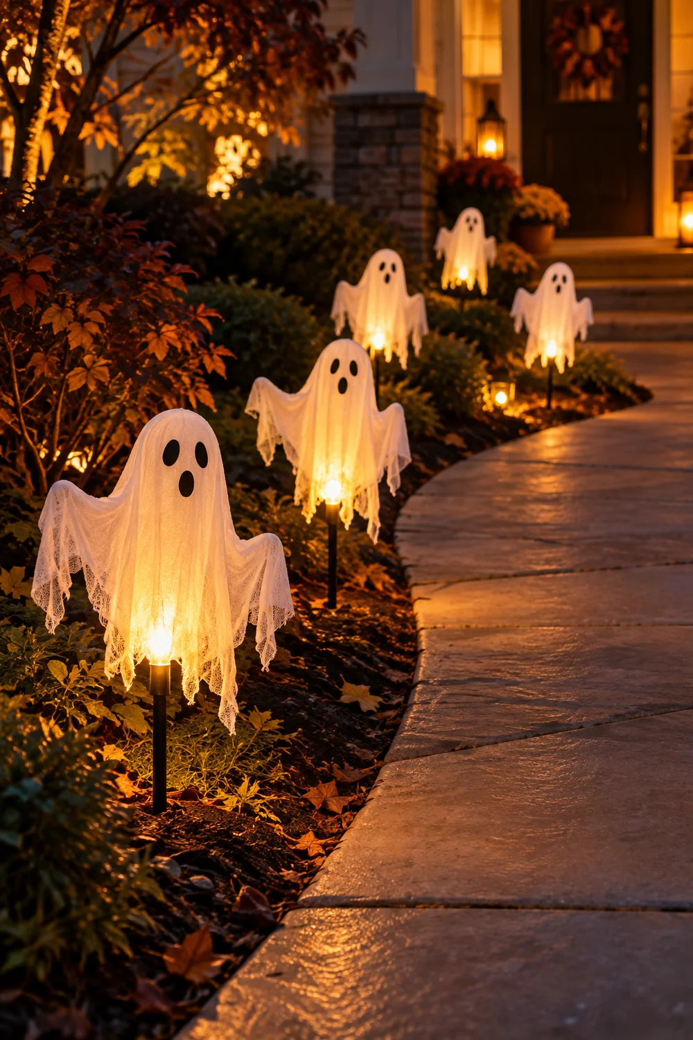 Glowing ghost figures lining a Halloween pathway at night