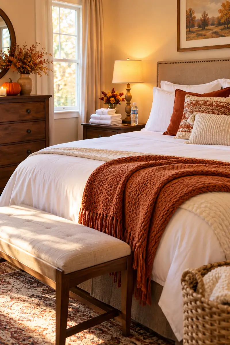 Guest bedroom with fresh sheets and towels ready for Thanksgiving overnight guests