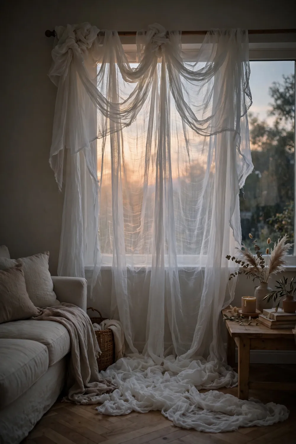 Window dressed with loose white cheesecloth on the curtain rod like a haunted veil