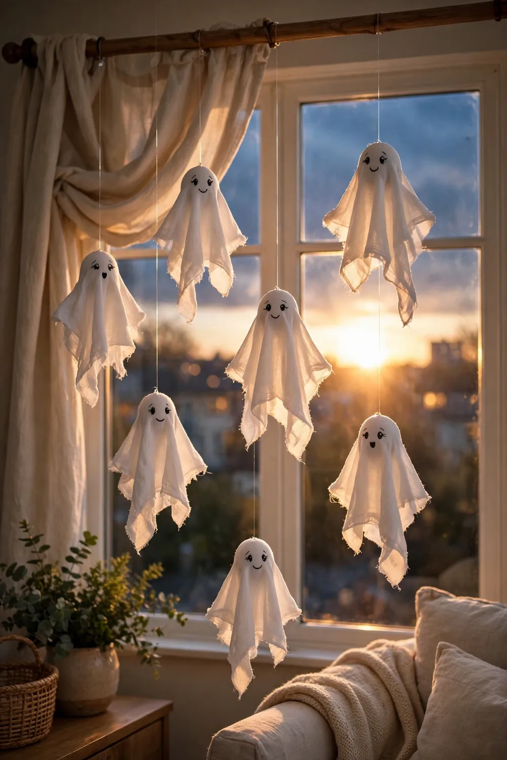Small white fabric ghosts hanging at different heights in front of a window at dusk
