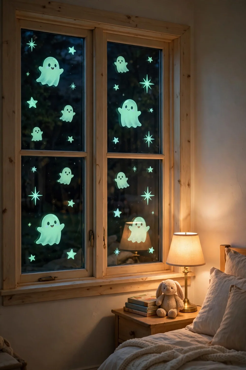 Child's bedroom window with glow in the dark ghost stickers glowing softly at night