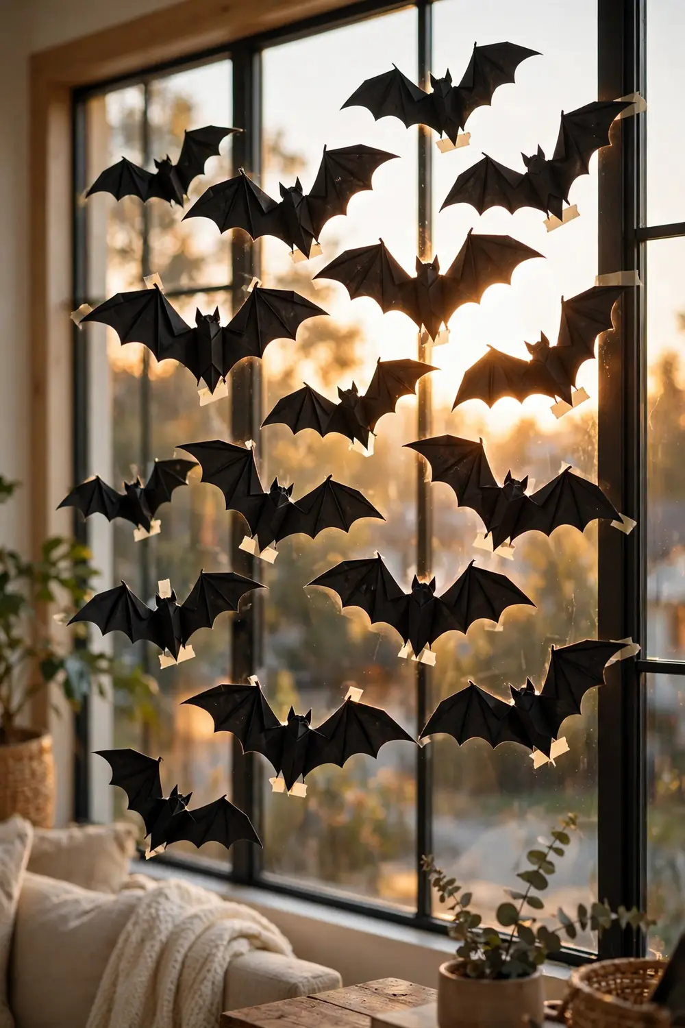 Black paper bats with folded wings taped inside a large window, backlit at dusk