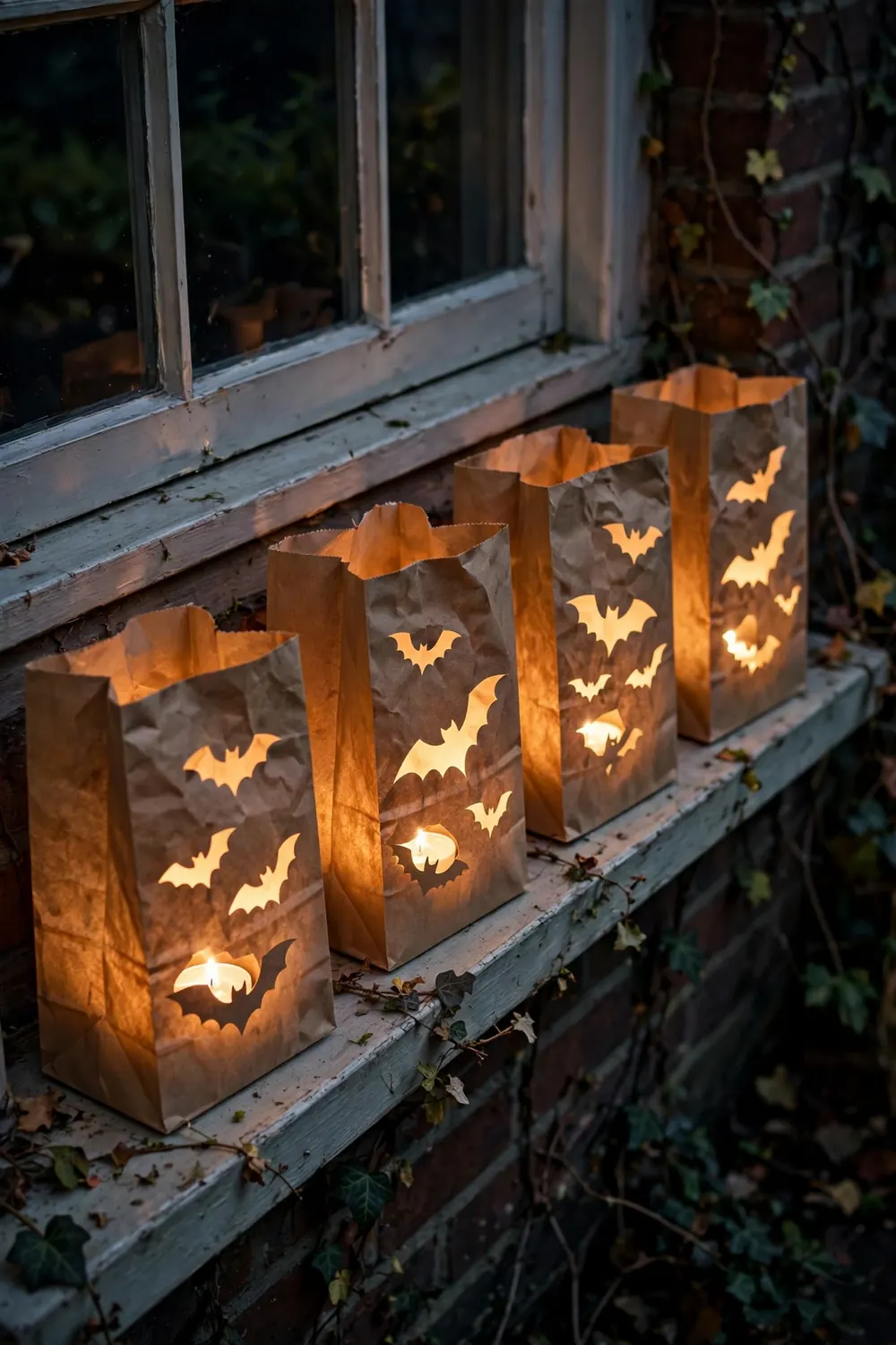 Paper bag luminaries with cutout bat shapes glowing on an outside window ledge at night