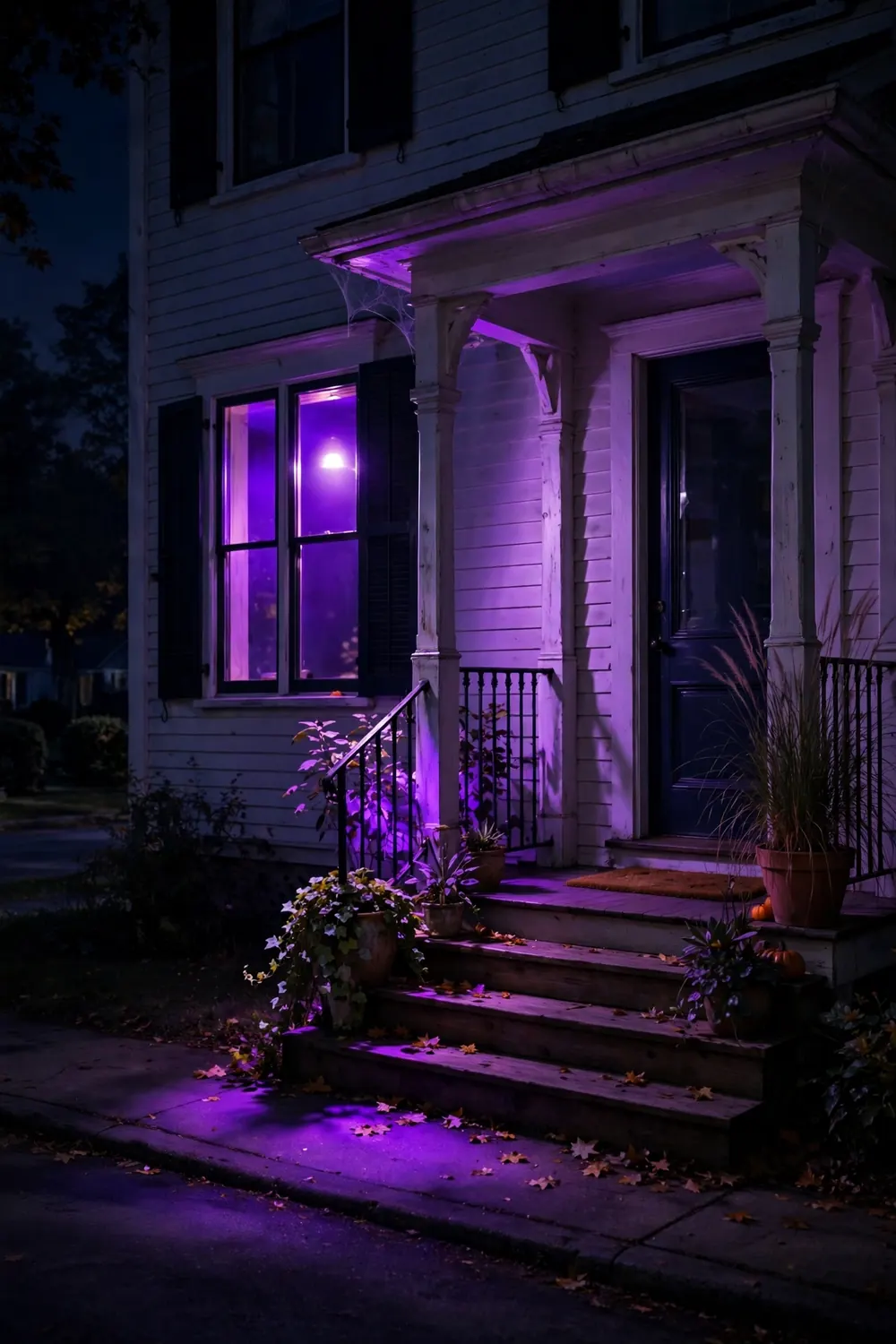 House window glowing deep purple from a color changing bulb, viewed from the street at night