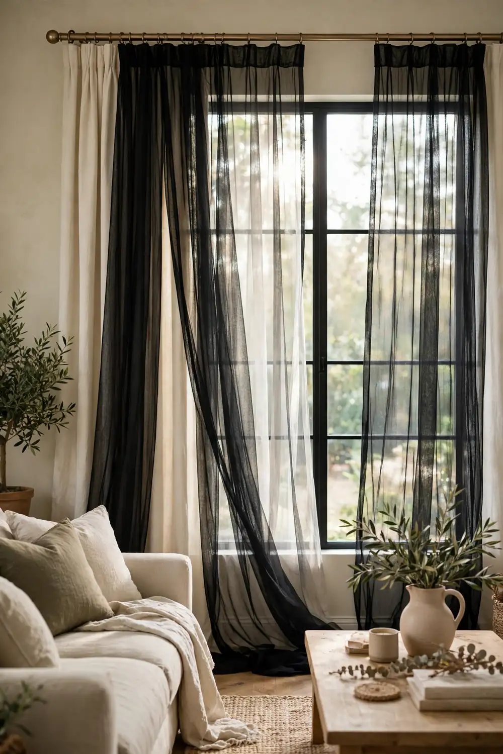 Window with sheer black curtain panels layered over cream curtains, soft daylight filtering through