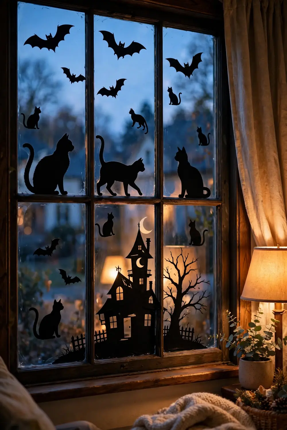 Living room window with black Halloween silhouette clings glowing against dusk light