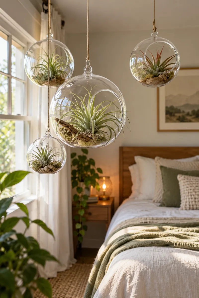 Air plants hanging in glass globes in a bedroom