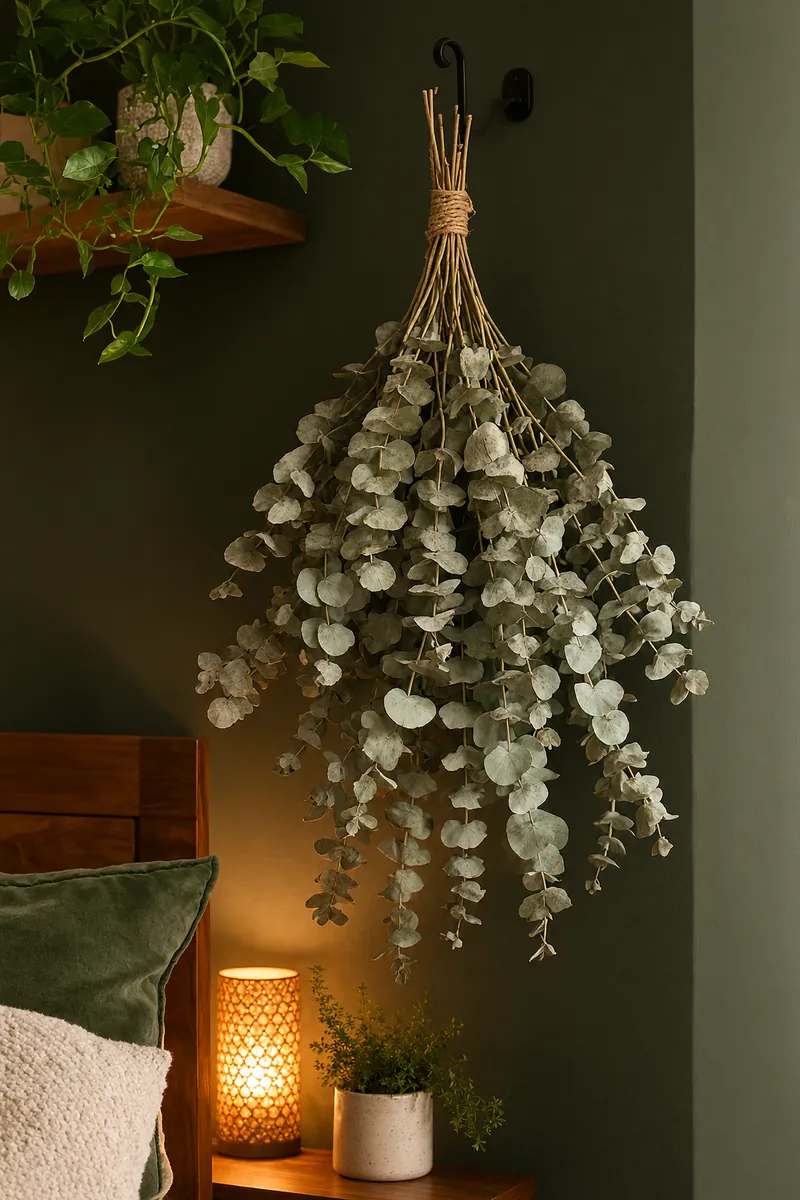 Dried eucalyptus bundles hanging in a bedroom corner