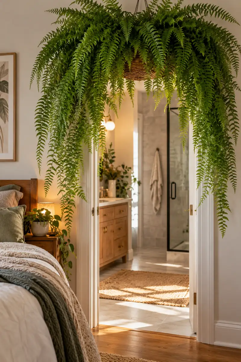 Hanging fern framing a bedroom bathroom doorway