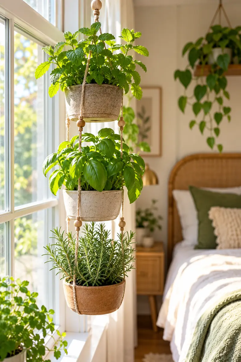 Hanging herb garden with small pots by a bedroom window