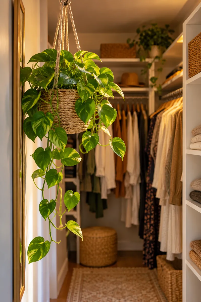 Small hanging plant greening up a bedroom closet nook