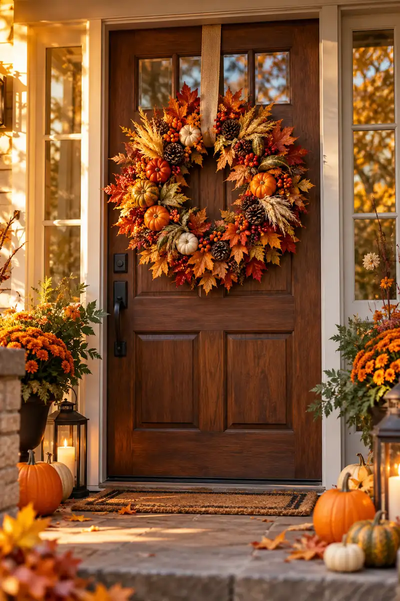 Full harvest wreath with leaves berries and mini pumpkins on a front door