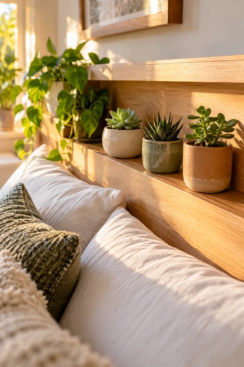 Tiny potted plants on a headboard shelf in a small bedroom