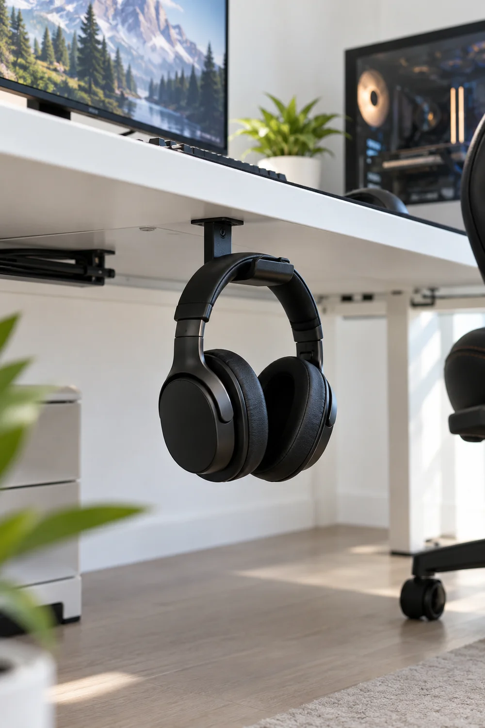 Headphones hanging on a small hook under a desk edge