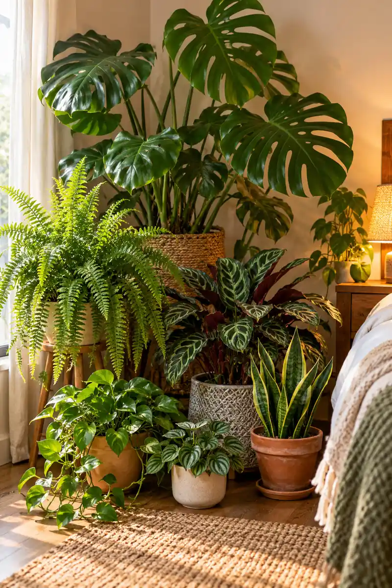 Lush jungle corner with grouped houseplants of different heights in a bedroom
