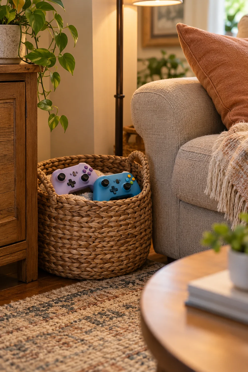 Low basket with kid friendly controllers in a living room corner