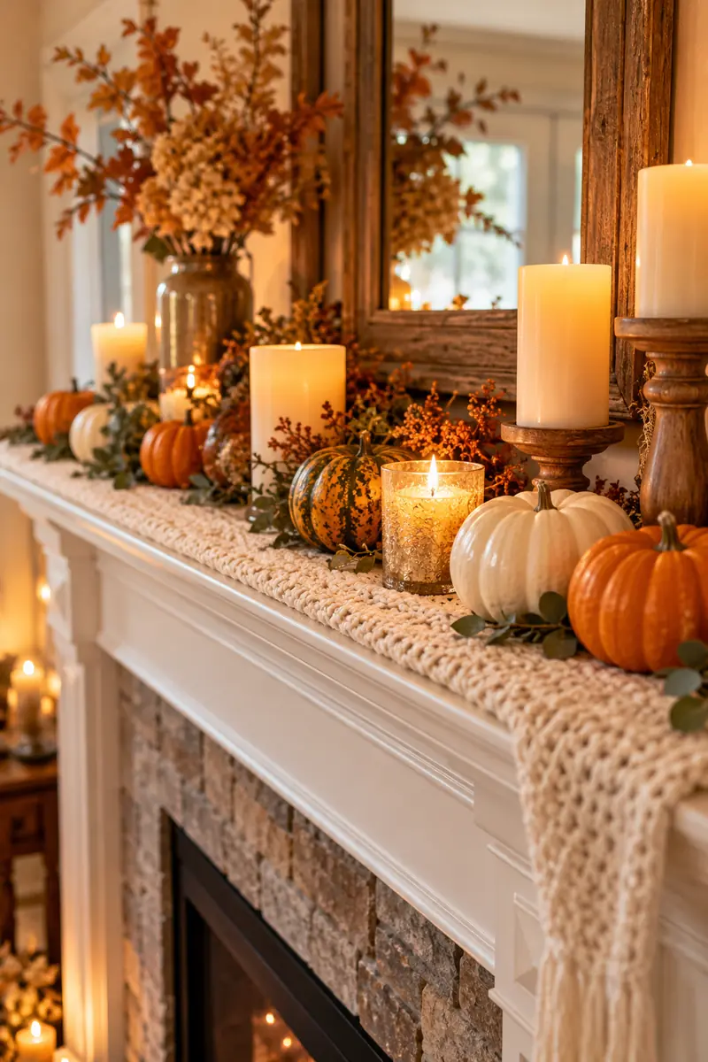 Knit runner along a mantel shelf with pumpkins and candles for Thanksgiving