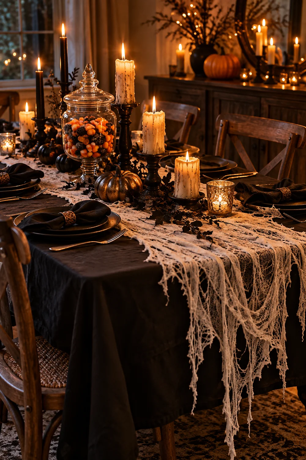 Tattered lace runner on a Halloween dining table with candles