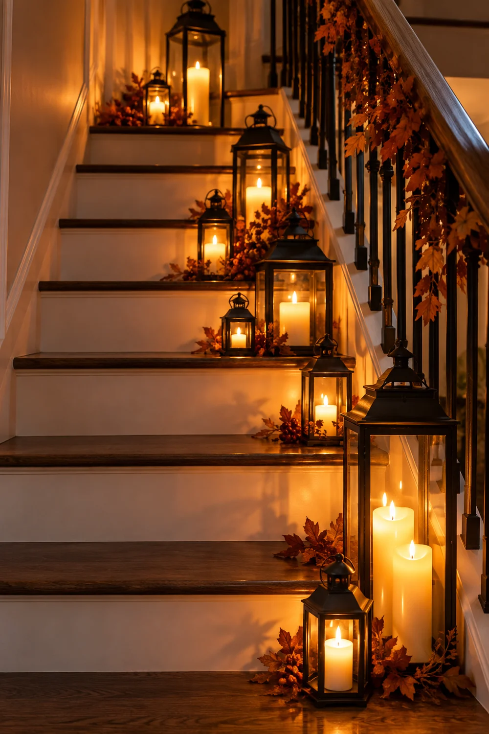 Lanterns with candles on alternating staircase steps