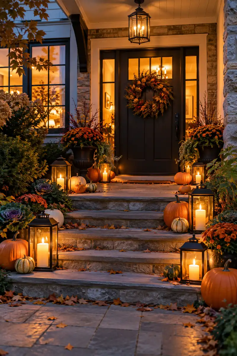 Lanterns with candles lining porch steps glowing at dusk