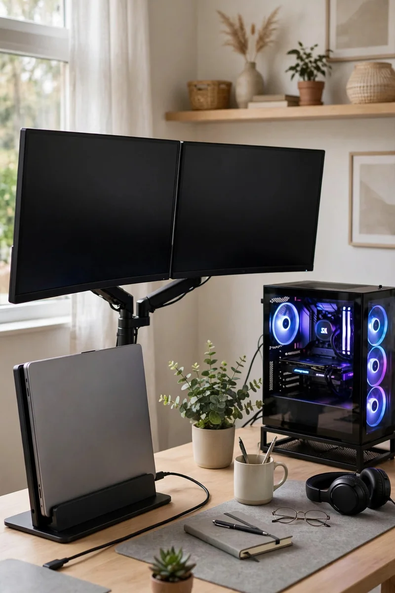 Laptop dock and PC tower in a dual-purpose home office