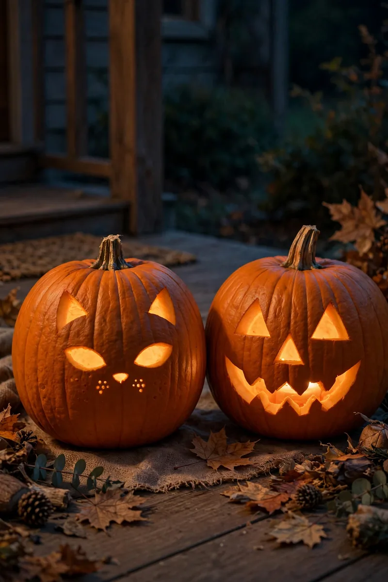 Pumpkin carved with a simple black cat face glowing on a porch