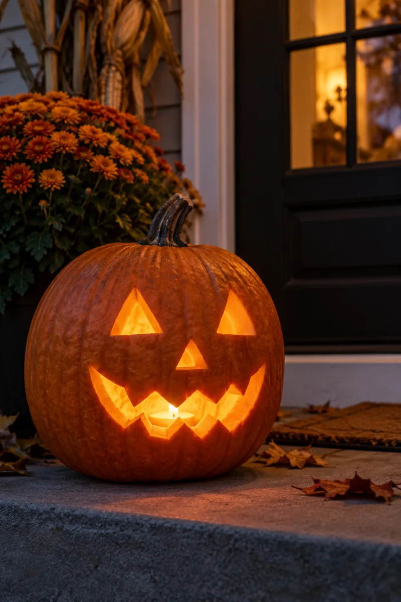 Classic jack-o'-lantern with triangle eyes glowing on a porch at dusk
