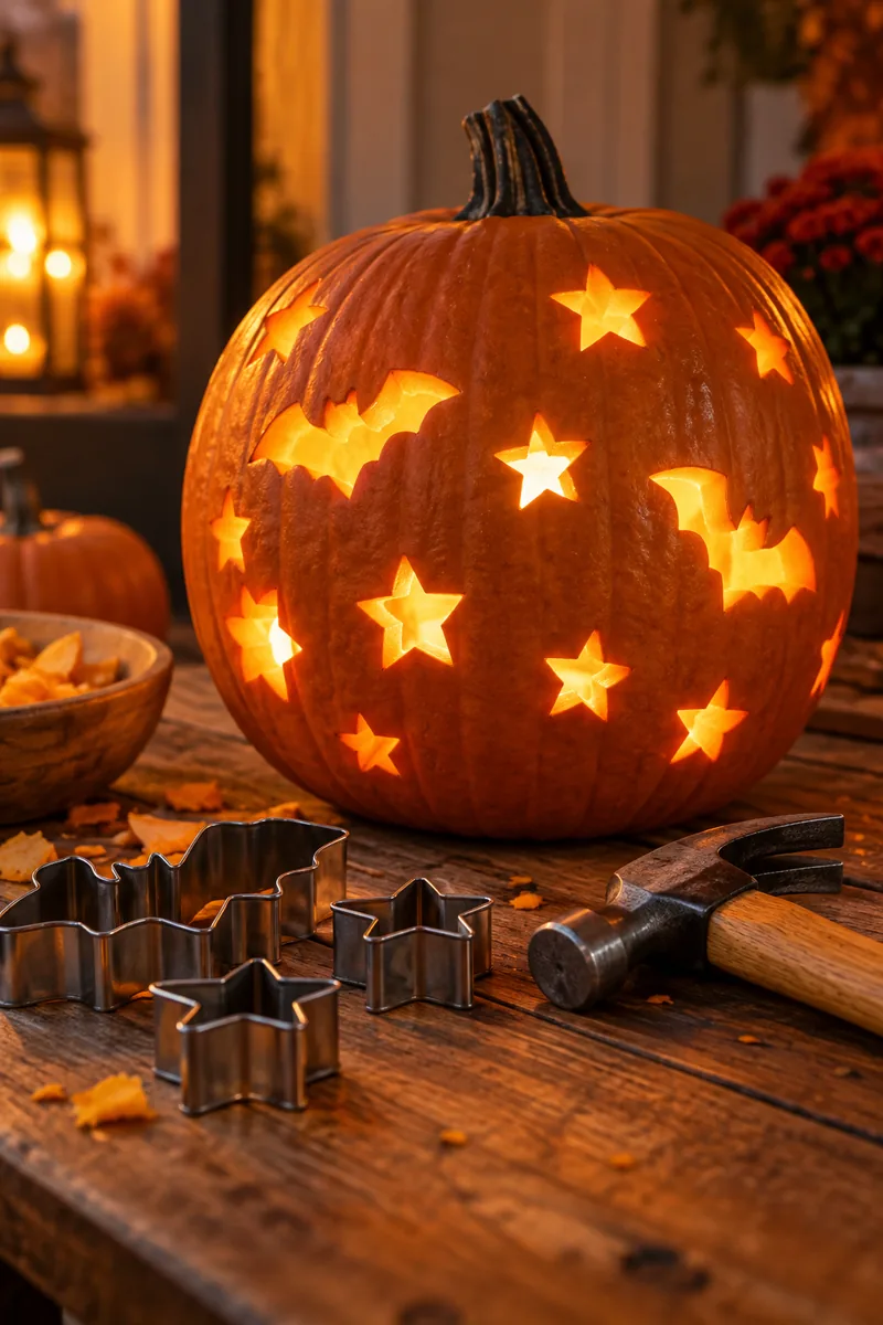 Pumpkin with star and bat shapes punched through using cookie cutters