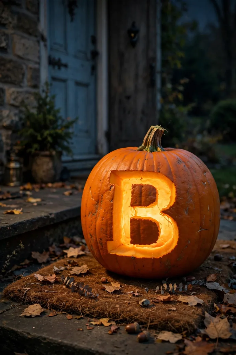 Pumpkin with a carved monogram initial glowing on a doorstep