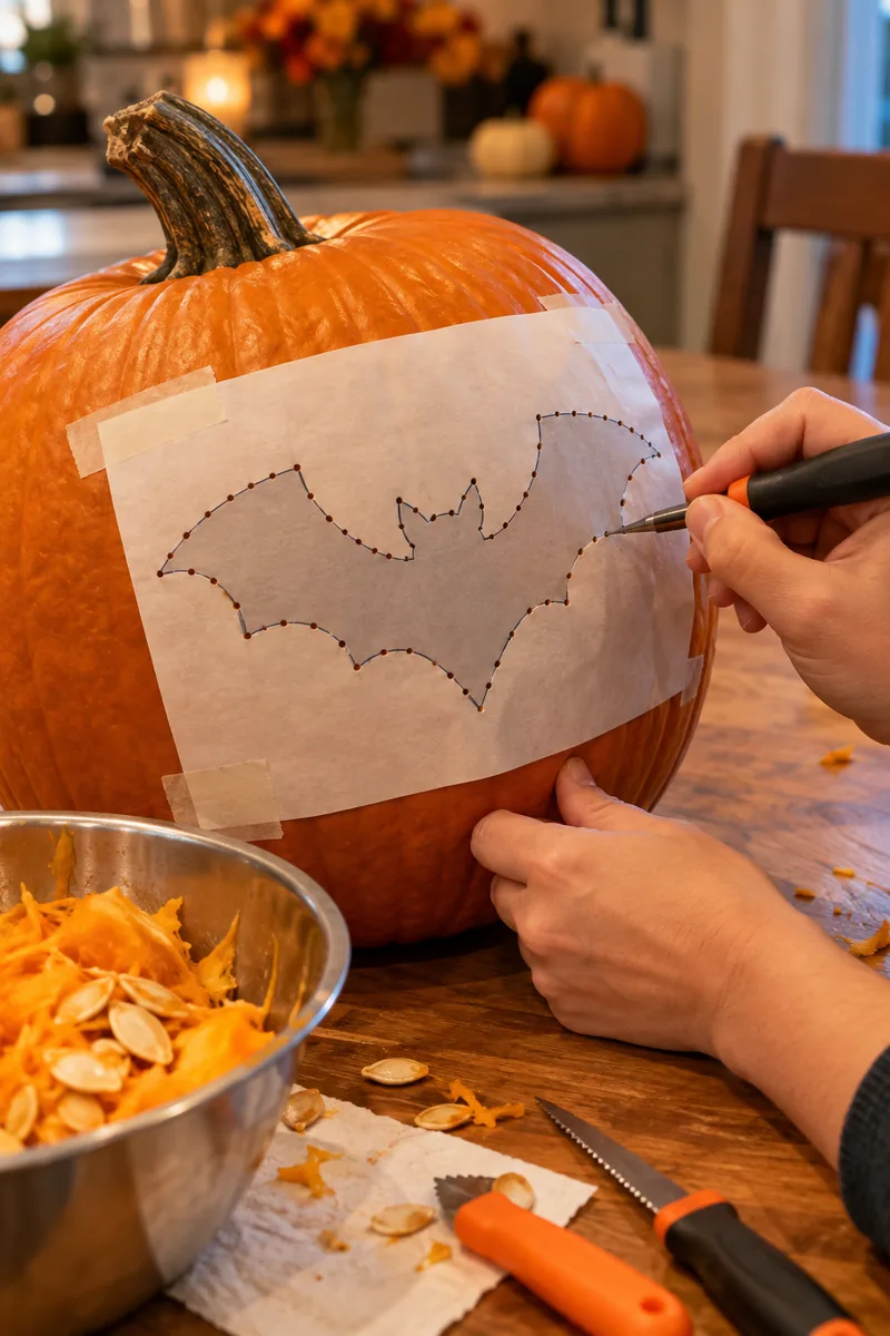 Pumpkin with a taped paper stencil being carved along pin dots