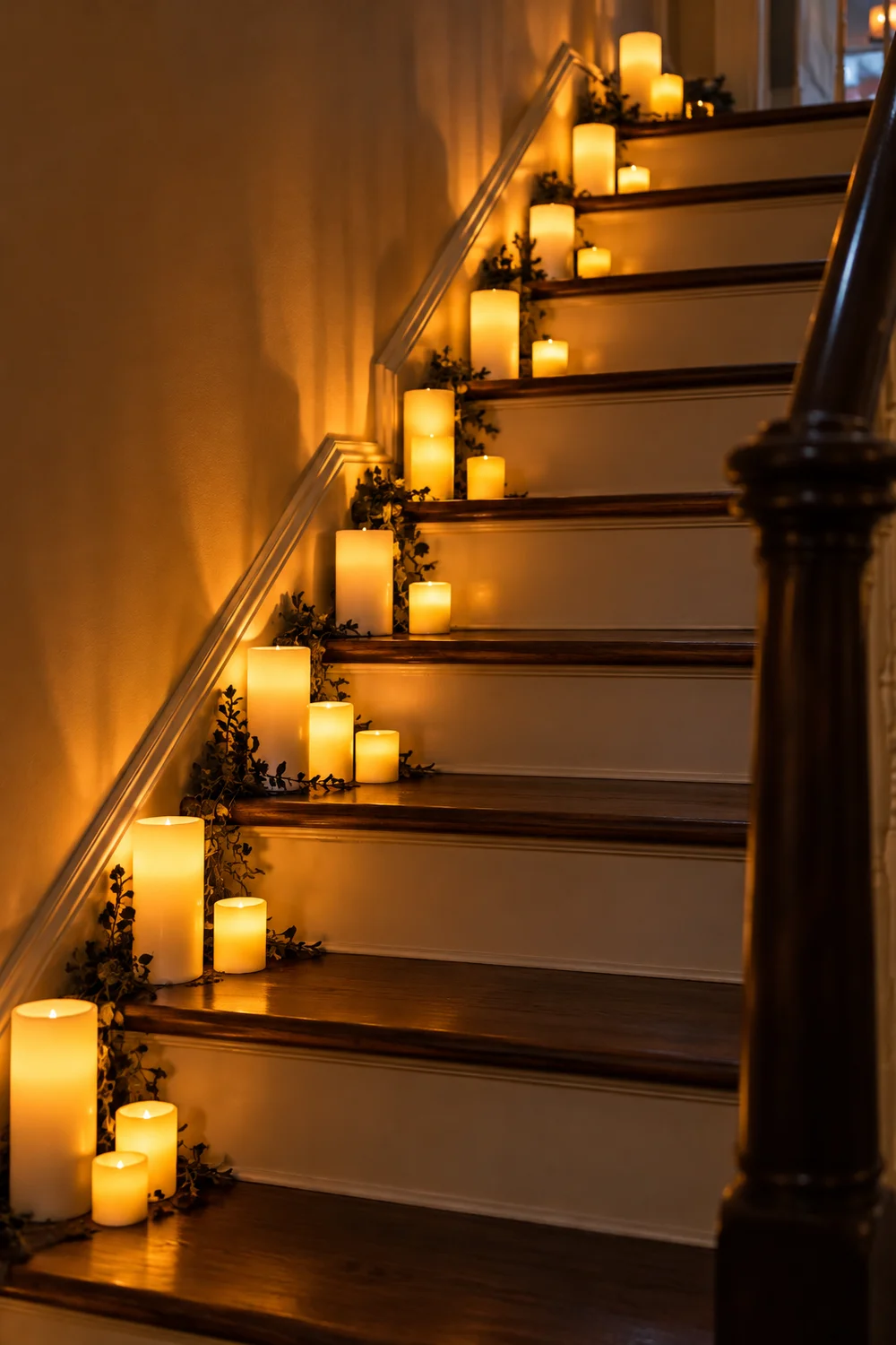 LED pillar candles of different heights lining staircase steps