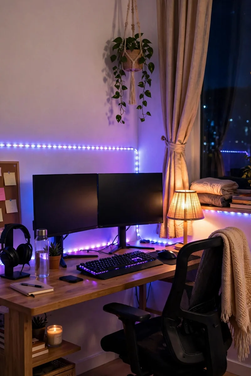 Adhesive LED strips glowing behind a gaming desk in a rental room