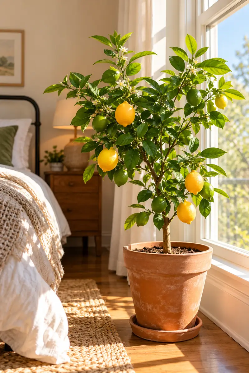 Dwarf lemon tree with fruit in a sunny bedroom