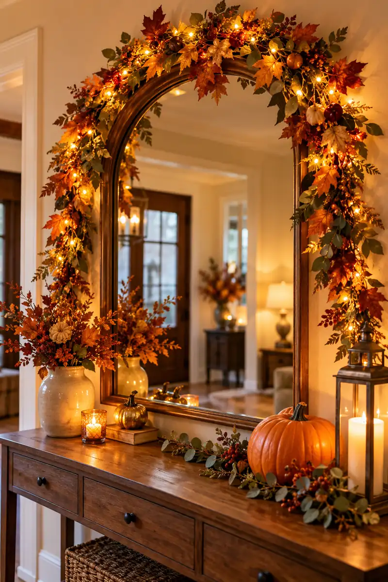 Lighted garland draped over an entry mirror with a pumpkin below