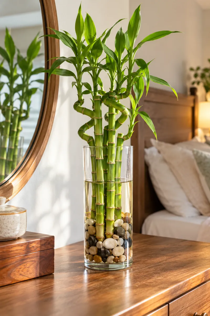 Lucky bamboo stalks growing in a glass cylinder with pebbles on a bedroom dresser